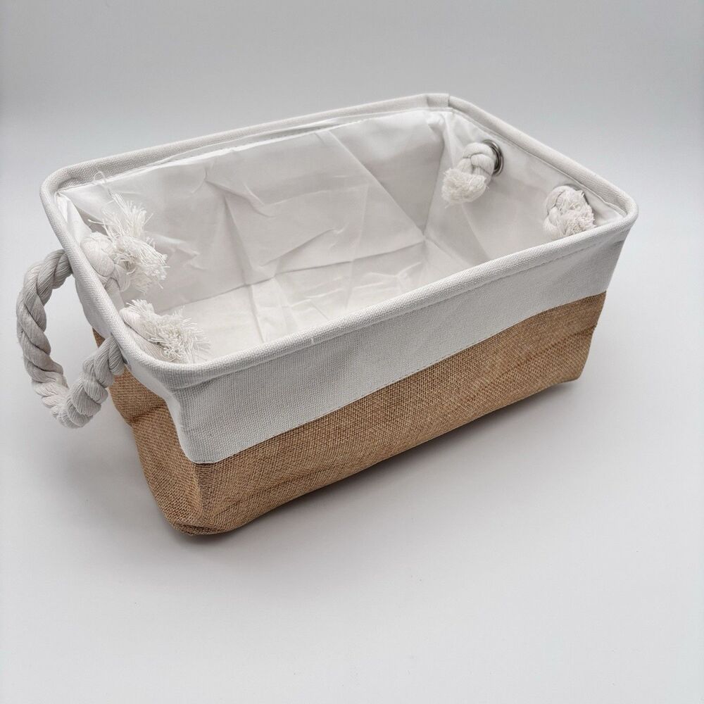 3 Pack Burlap Fabric Storage Baskets Rectangular Bins with Rope Handles New